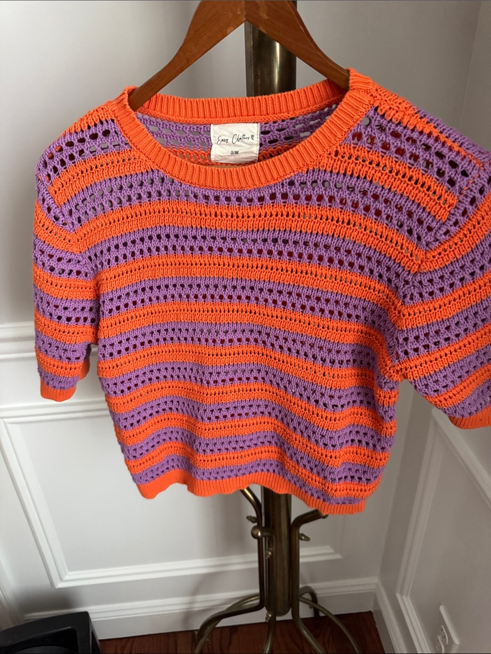 Easy Clothes Striped Crochet Knit Top in Orange and Lavender